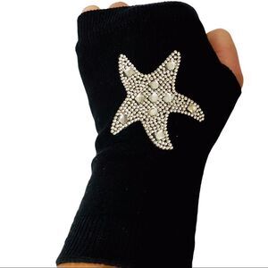 Black Crystal Star Lightweight Knit Fingerless  Gloves NEW